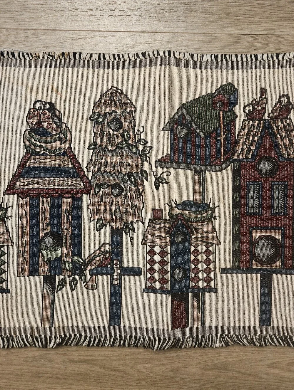 Vintage Woven Pictorial Tapestry Folk-Art Birdhouse Village Scene
